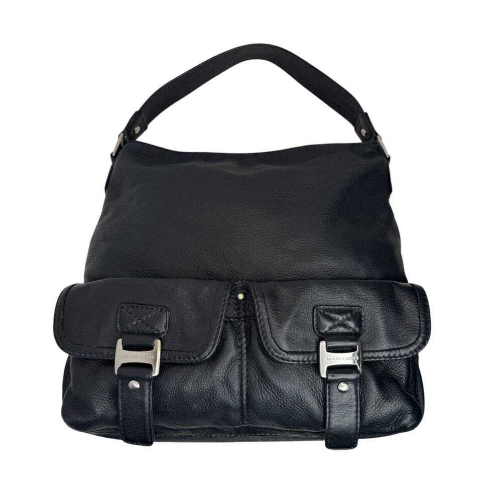 Michael Kors Black Pebbled Leather Shoulder Bag Hobo with Silver Hardware
